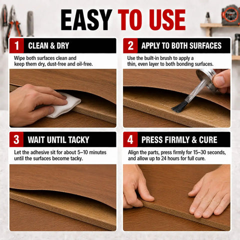 Step-by-step guide on using Heavy Duty Contact Cement Adhesive With Brush For Wood Leather Rubber And Laminate Repairs 4.16 Oz.