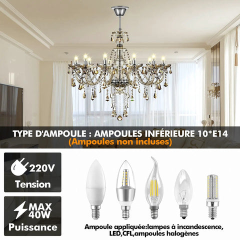 10-Light Crystal Chandelier In Cognac Champagne Finish With K9 Crystal Beads, elegant dining room pendant lighting.