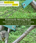 Heavy Duty Tree Stake Kit With 3 Straps, 3 Steel Spikes, And 39 Ft Rope demonstrating strong rope secured to a branch
