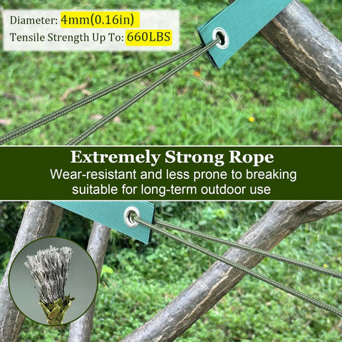 Heavy Duty Tree Stake Kit With 3 Straps, 3 Steel Spikes, And 39 Ft Rope demonstrating strong rope secured to a branch