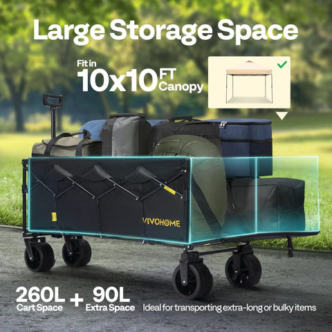 Heavy Duty Collapsible Wagon Cart With 440 Lbs Capacity carrying camping gear in a park, showcasing large storage space.