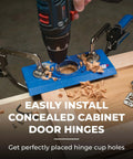"Concealed Hinge Jig For 35mm Cup Holes, Adjustable Cabinet Door Installation Tool with Four-Cutter Carbide Bit in use on wood panel"