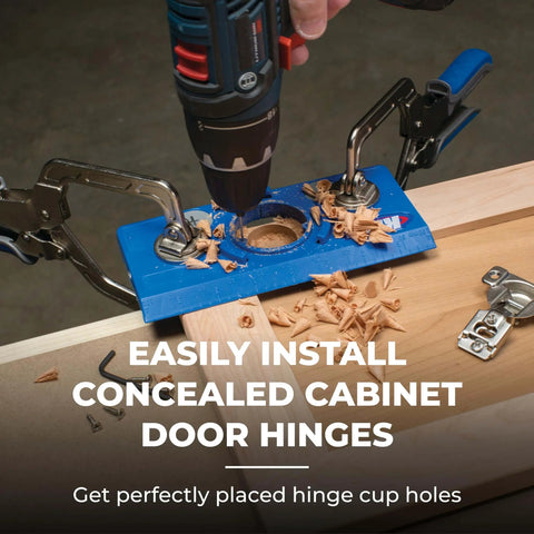 "Concealed Hinge Jig For 35mm Cup Holes, Adjustable Cabinet Door Installation Tool with Four-Cutter Carbide Bit in use on wood panel"