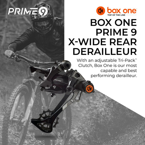 BOX ONE PRIME 9 X-WIDE REAR DERAILLEUR for mountain bikes with black finish and Tri-Pack clutch