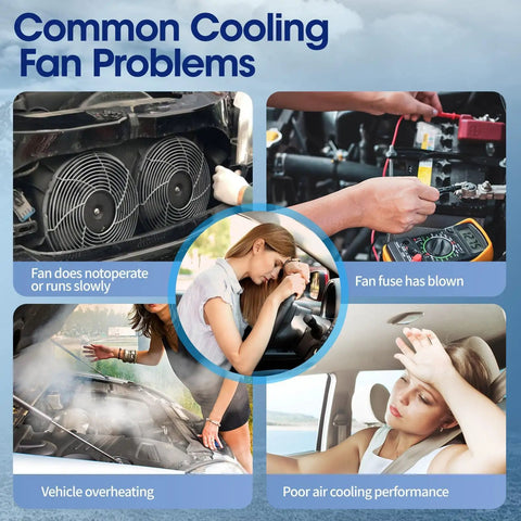 Common Cooling Fan Problems in cars: fan not operating, blown fuse, overheating vehicle, poor air cooling performance.
