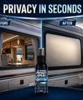 Frosted Glass Spray 30ml Anti-Glare Translucent Portable Agent displayed next to frosted campervan window.