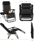 Zero Gravity Outdoor Recliners Set Of 2, Adjustable Folding Lounge Chairs With Pillows, Cup Holder Trays And Carry Straps, dimensions shown