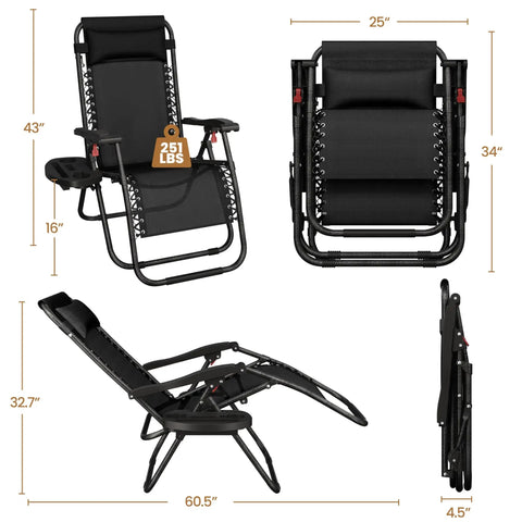 Zero Gravity Outdoor Recliners Set Of 2, Adjustable Folding Lounge Chairs With Pillows, Cup Holder Trays And Carry Straps, dimensions shown