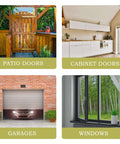 Quacc stainless steel 4-inch hook-and-eye latch set; four tiles show patio doors, cabinet doors, garages, and windows.