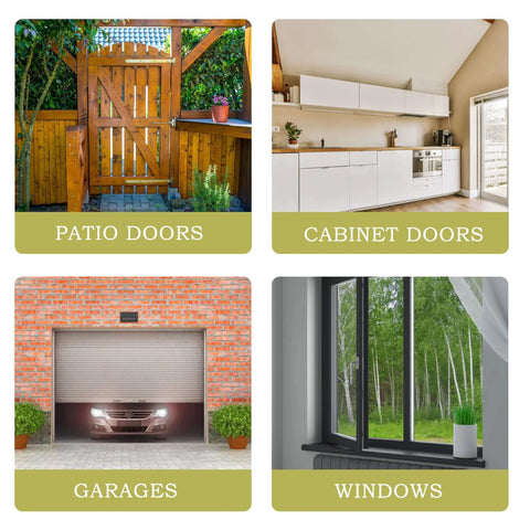 Quacc stainless steel 4-inch hook-and-eye latch set; four tiles show patio doors, cabinet doors, garages, and windows.