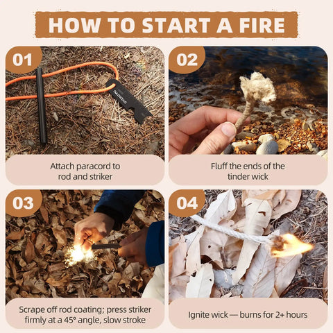 How to use Beast Fire Starter Survival Kit With Four Ferro Rods in different steps for camping and outdoor adventures.