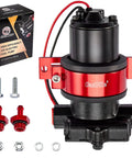 110 GPH Electric Fuel Pump 12V High Flow with mounting bracket, showing durable metallic black body and red accents