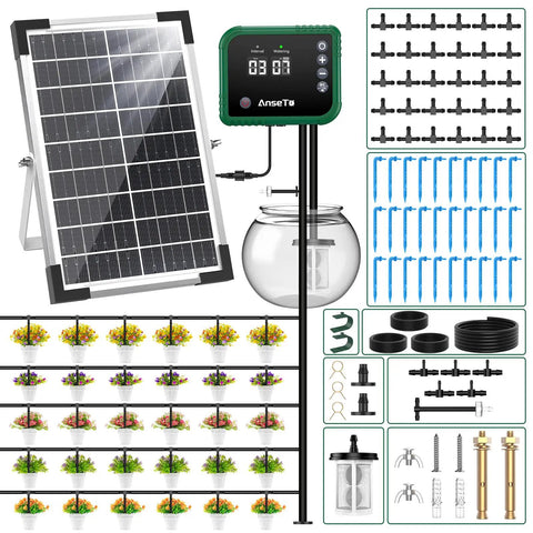 Solar Drip Irrigation System For Gardens And Greenhouses DIY Automatic Drip Kit with 8W solar panel and 30 emitters displayed