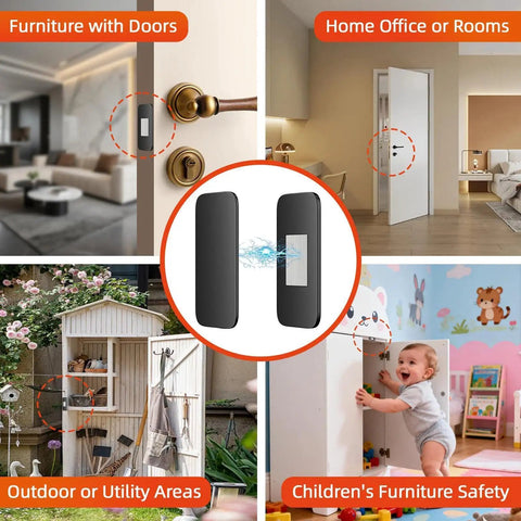 Six Pack Magnetic Cabinet Locks Self Adhesive For Quiet No Noise Furniture Closure Flush Mount Design Keeps Cabinets And Drawers Closed Kid Safe Easy To Install Heavy Duty Magnetic Hold For Home Kitchen And Office shown for indoor and outdoor use.