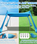 Spacious 10x10 Foot Beach Shade Canopy With UPF50 Plus Sun Protection Pop Up Shelter set up on beach and grass, poles visible.