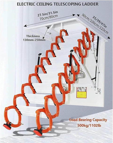 Heavy Duty Aluminum Attic Ladder Pull Down Ceiling Access With Non Slip Steps Folding Telescopic Design showing electric features.