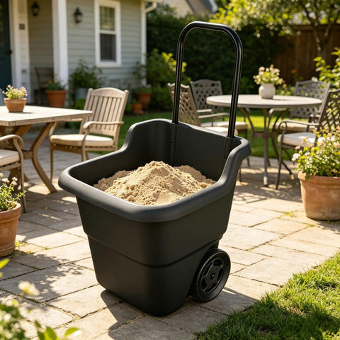Heavy Duty 15 Gallon Rolling Garden Cart With Retractable Handle And 7 Inch Wheels For Outdoor Yard Work A Real Workhorse Lightweight Resin Utility Wagon filled with sand on patio