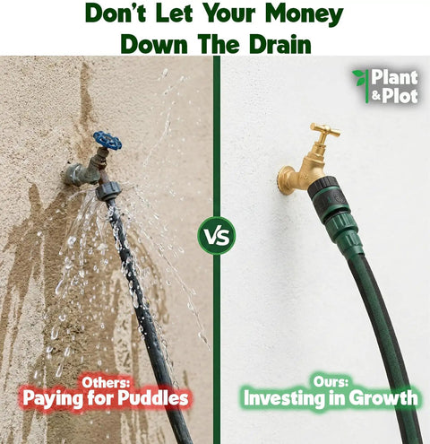Comparison of water leaking hose vs Flat Soaker Hose 50ft For Garden Beds And Lawns With Quick Connect Heavy Duty Leakproof Drip System.