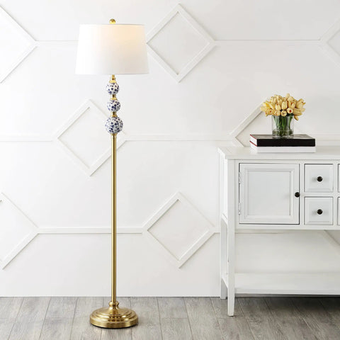 Bold Brass Gold And Blue Midcentury Ceramic Floor Lamp With Hand Painted Porcelain And White Linen Shade Coastal Classic Style LED Bulb Included For Effortless Bright Ambience
