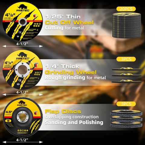 PRETEC 4-1/2 in grinder wheel set; includes 20 cut-off wheels, 3 60-grit flap discs, and 3 grinding wheels