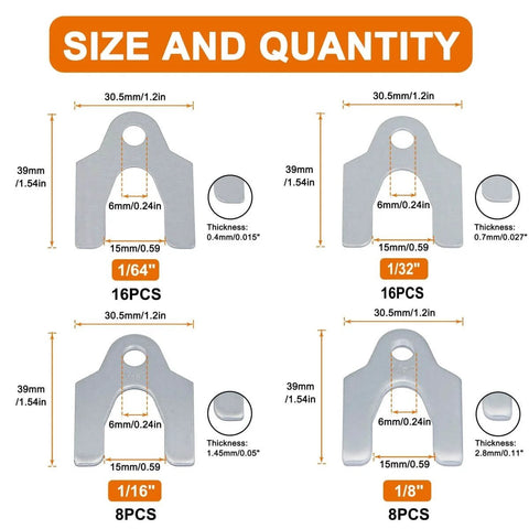 Auto Alignment Body Shim Kit, 48 Pc Universal U Shims Set for Camber and Body Part Adjustment, four sizes with measurements