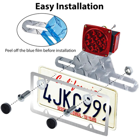Beefy Universal Two Pack Trailer License Plate Bracket Frame with mounting kit showing assembly and blue film removal.