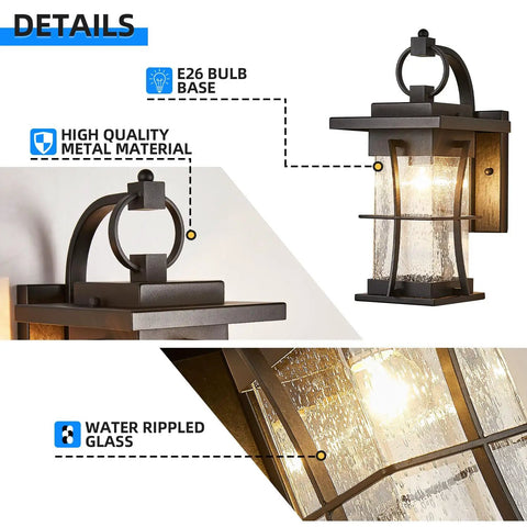 Outdoor Dope Wall Sconces Matte Black Metal Lanterns With Clear Seeded Glass Waterproof Exterior Lighting details