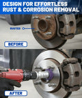 Drill Powered Wheel Hub Cleaning Tool With 3 Cleaning Pads For Rust Removal On Lug Studs And Brake Rotors in use