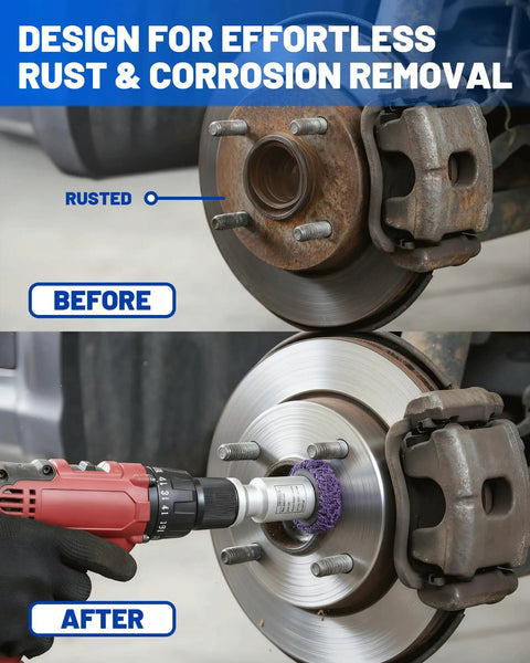 Drill Powered Wheel Hub Cleaning Tool With 3 Cleaning Pads For Rust Removal On Lug Studs And Brake Rotors in use