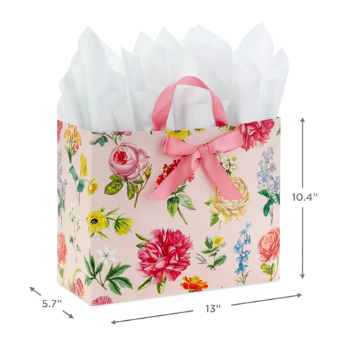 Large 13 Inch Wide Gift Bag With Tissue Paper Vintage Floral Pink Bow Ideal For Mothers Day Valentines Day Easter Bridal Showers Graduations And New Moms Great For Books Small Electronics Clothes And Gift Sets Perfect For Gifting