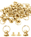 Top Shelf Gold Screwback Round Head Rivets With Pull Rings Heavy Duty Zinc Alloy 8 mm Fasteners For Leathercraft DIY Sewing Projects, close-up view of gold rivets.