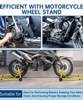 900 Lbs Front And Rear Universal Motorcycle Stand Lift for most sport and dirt bikes in use, yellow stand supports bike