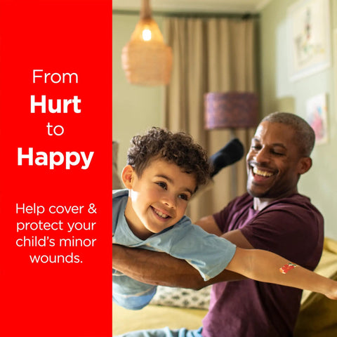 Smiling child with Marvel bandage playing with parent, showcasing Totally Kid Approved Marvel Themed Bandages For Minor Scrapes And Cuts.
