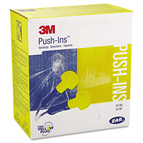 Box of NRR 28 Earplugs With Earform Foam Tips And Push In Stems, Bright Yellow and Blue, ideal for loud work, concerts, shooting