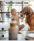 Child playing with a large dog indoors, labeled safe for kids, pets, and indoor use with ultra-low odor features.