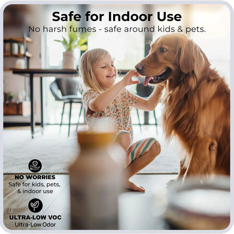 Child playing with a large dog indoors, labeled safe for kids, pets, and indoor use with ultra-low odor features.