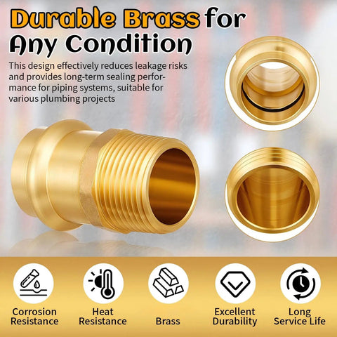 Eight Piece Three Quarter Inch Brass Press Fittings Set With Press To Male Thread MIP NPT Adapters For Batch Residential And Commercial Piping Safe For Potable Water And Copper Pipe Connections