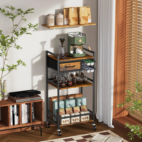 Four Tier Coffee Bar Cart With K Cup Holder And Milk Frother Stand Featuring Hella Convenient Storage Layout In Rustic Brown Finish, stylish compact design.
