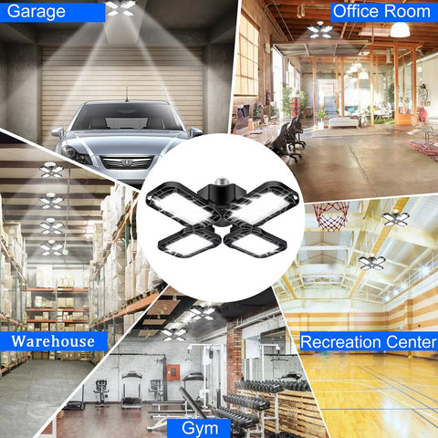 2 Pack 60W Garage Light 4 Panel LED Ceiling Fixture 6500K Daylight illuminating garage, warehouse, office, gym, and recreation center