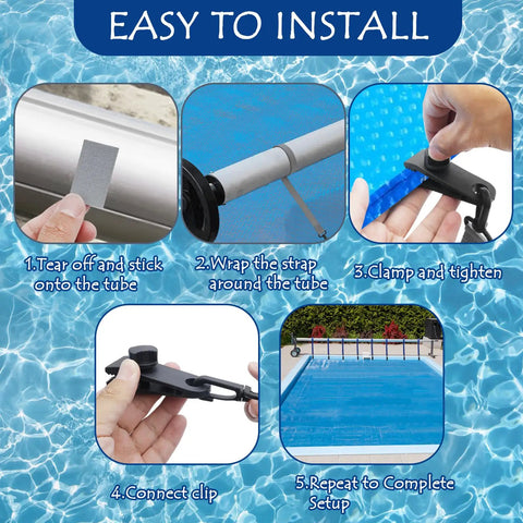 Step-by-step installation guide for 24 PC Upgraded Pool Solar Cover Reel Attachment Kit with clips and straps.