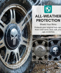 Four 2.2 Inch Metal Wheel Center Caps With A Badass Skull Pattern Universal Car Truck Rim Hub Covers waterproof design on truck wheel.
