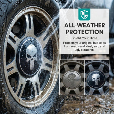 Four 2.2 Inch Metal Wheel Center Caps With A Badass Skull Pattern Universal Car Truck Rim Hub Covers waterproof design on truck wheel.