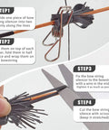 Installation of 4 Pack Bow String Silencers Dampeners for Recurve and Compound Bows shown in step-by-step guide with scissors and wire.