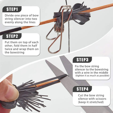 Installation of 4 Pack Bow String Silencers Dampeners for Recurve and Compound Bows shown in step-by-step guide with scissors and wire.