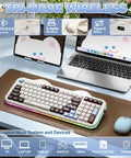 Wireless 98 Key Mechanical Keyboard Offering A Super Cute Cake Inspired Design With Dedicated Numpad Choco Candy Switches Compact Form Factor Straight Up Built For Writers Gamers And Desk Decor Vibes displaying tri-mode wireless connectivity options.