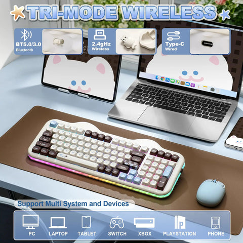 Wireless 98 Key Mechanical Keyboard Offering A Super Cute Cake Inspired Design With Dedicated Numpad Choco Candy Switches Compact Form Factor Straight Up Built For Writers Gamers And Desk Decor Vibes displaying tri-mode wireless connectivity options.