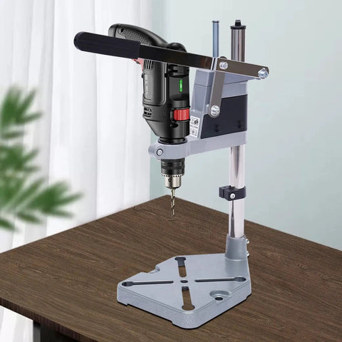Kickass Adjustable Drill Press Stand Featuring Universal Bench Clamp And Dual Drill Mount Perfect For Rotary Tools on a workbench.