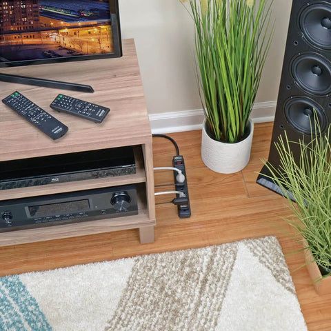 Six Outlet Surge Protector Power Strip With Six Foot Cord Black No Brainer Lifetime Guarantee And Ten Thousand Insurance Coverage For Home And Office Gear integrated into media setup.