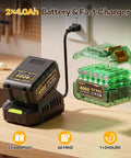 Two 4.0Ah batteries and fast charger for the Six And A Half Inch Cordless Circular Saw, charging on a wooden table.