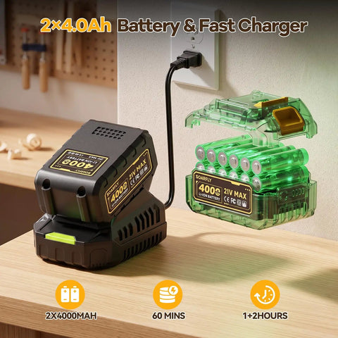 Two 4.0Ah batteries and fast charger for the Six And A Half Inch Cordless Circular Saw, charging on a wooden table.